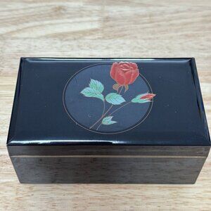 Vintage Jewelry Box Otagiri Crimson Rose Black Lacquer - Speak Softly Love Music